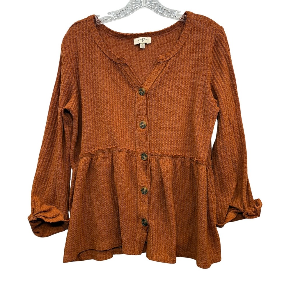 Umgee Rust Waffle Knit Babydoll Top Button Front Peplum Boho Cottagecore